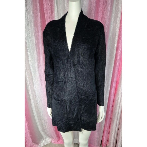 LOVE TOKEN Black Faux Fur Cozy Open Front Cardigan Size Large - Picture 2 of 12